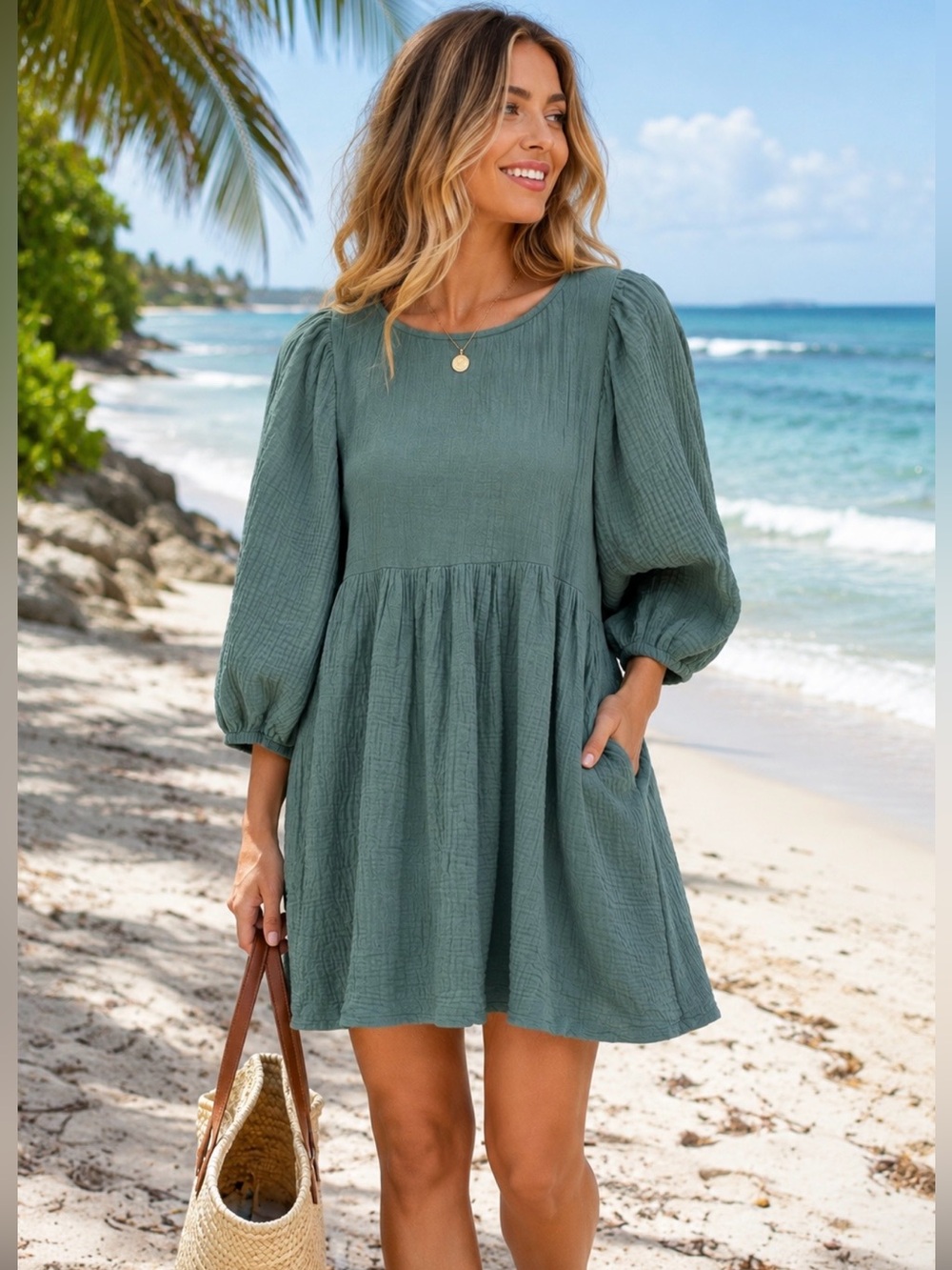 Audrey 3+1 Cotton Double Gauze Babydoll Dress Sage Green Puff Sleeve Women S